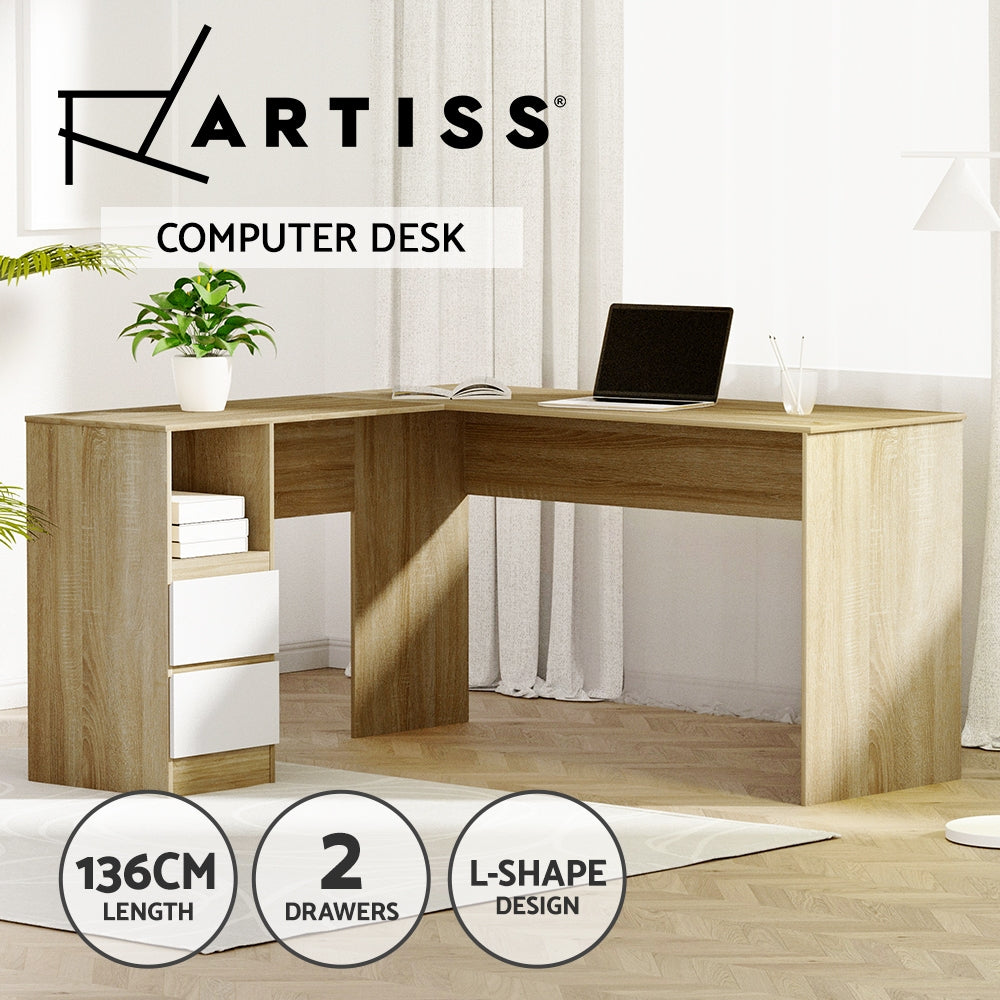 L-Shape Computer Desk with Drawers & Shelf, Oak - Artiss