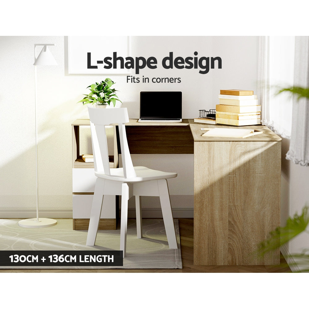 L-Shape Computer Desk with Drawers & Shelf, Oak - Artiss