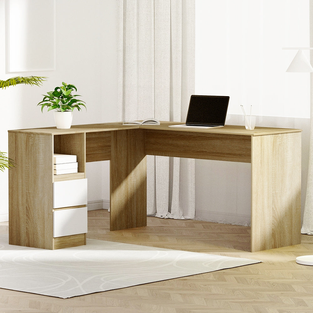 L-Shape Computer Desk with Drawers & Shelf, Oak - Artiss