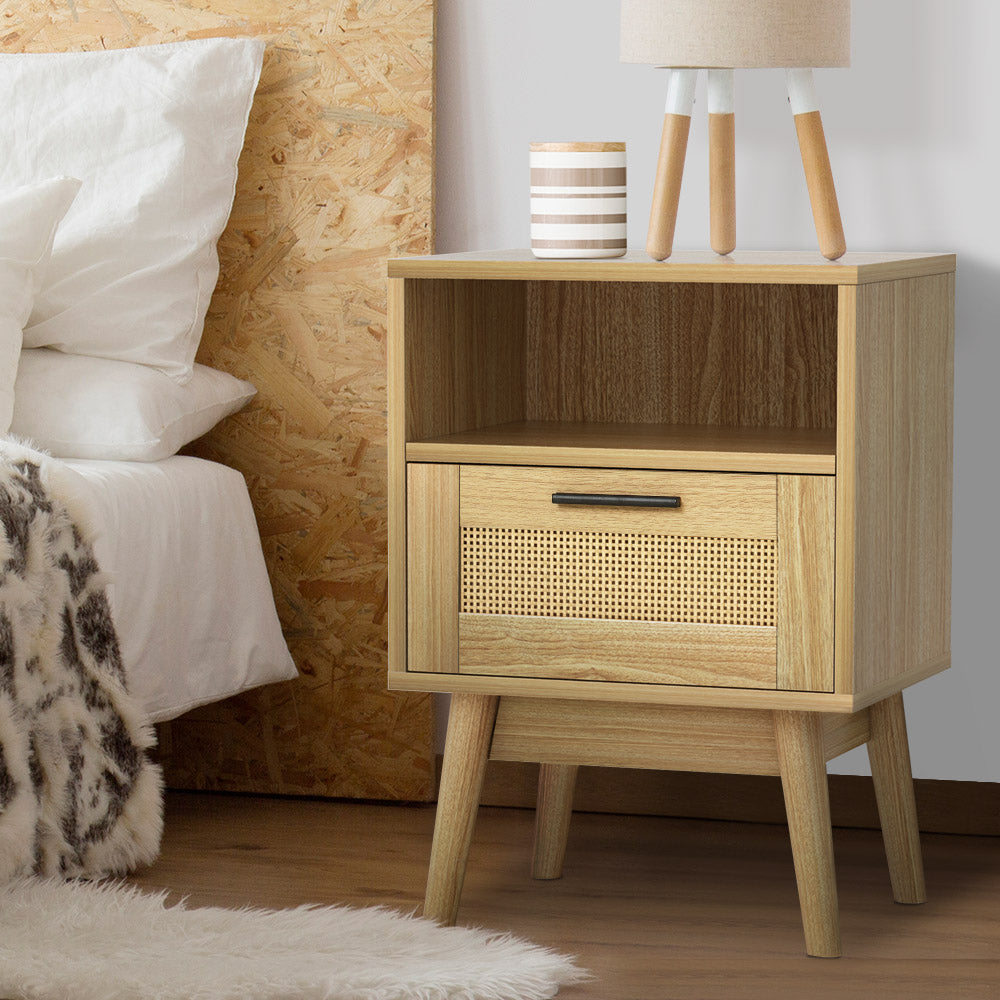 Rattan Bedside Table, 1 Drawer, Shelf, Solid Wood Legs - Artiss