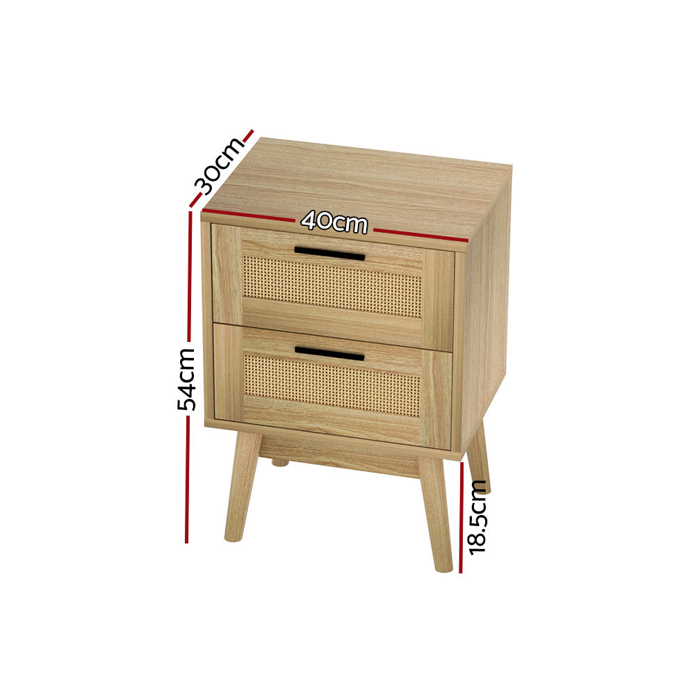 Rattan Bedside Table 2 Drawers, Wood, Solid Legs - Artiss