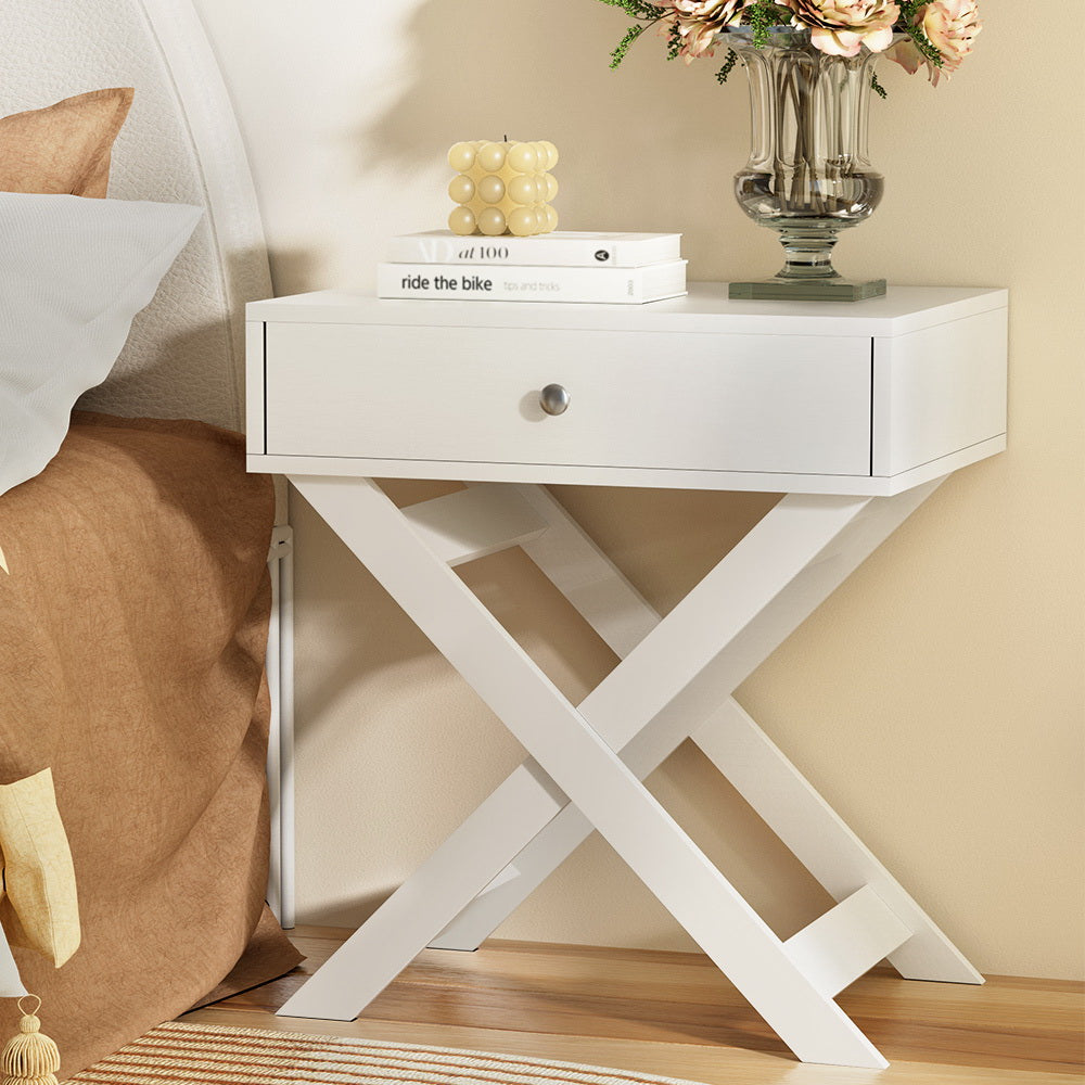 White Particle Board Bedside Table with Drawer - Artiss