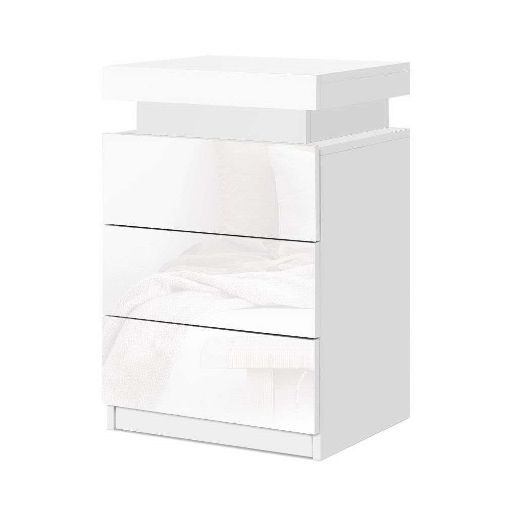 Artiss Bedside Table LED 3 Drawers - COLEY White