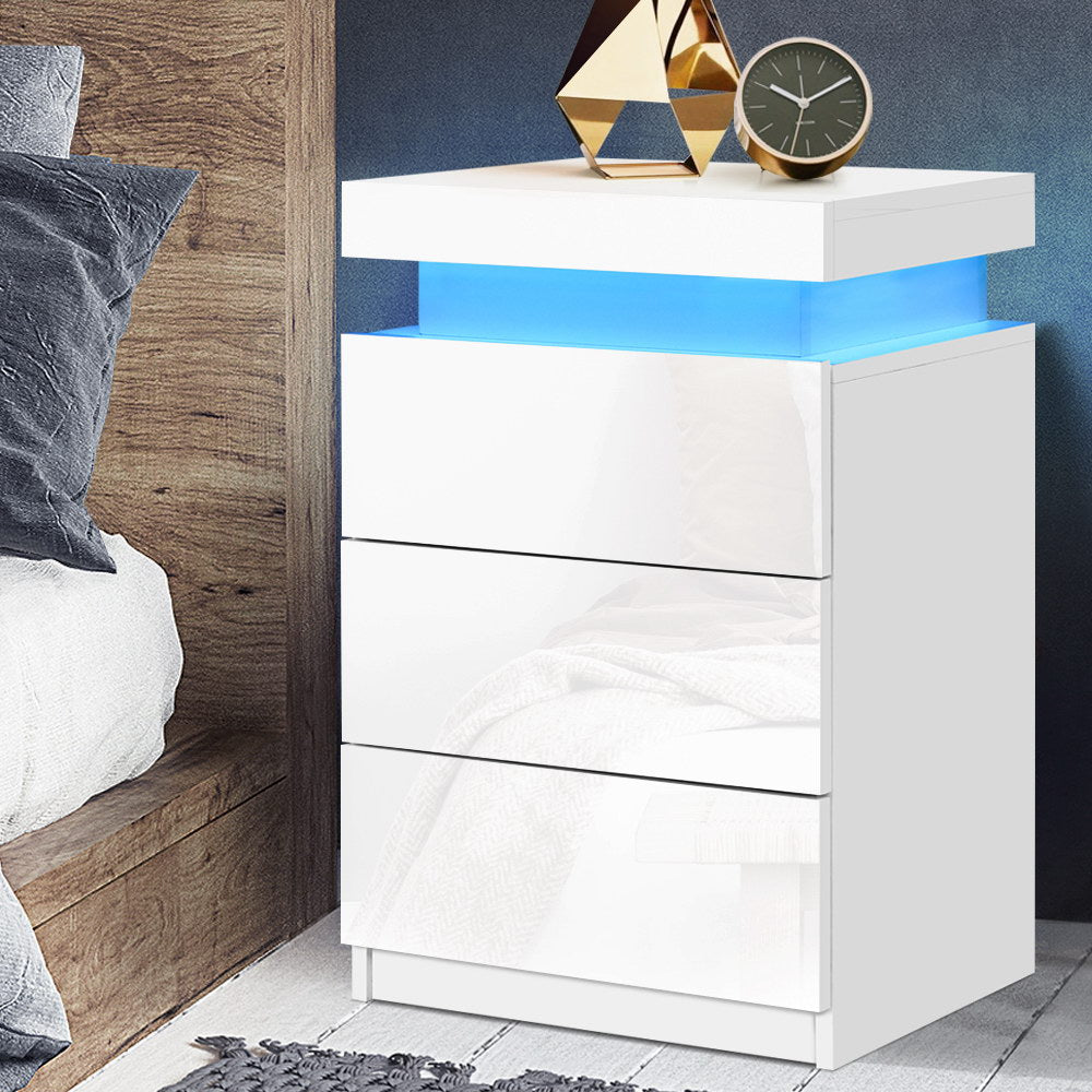 Artiss Bedside Table LED 3 Drawers - COLEY White