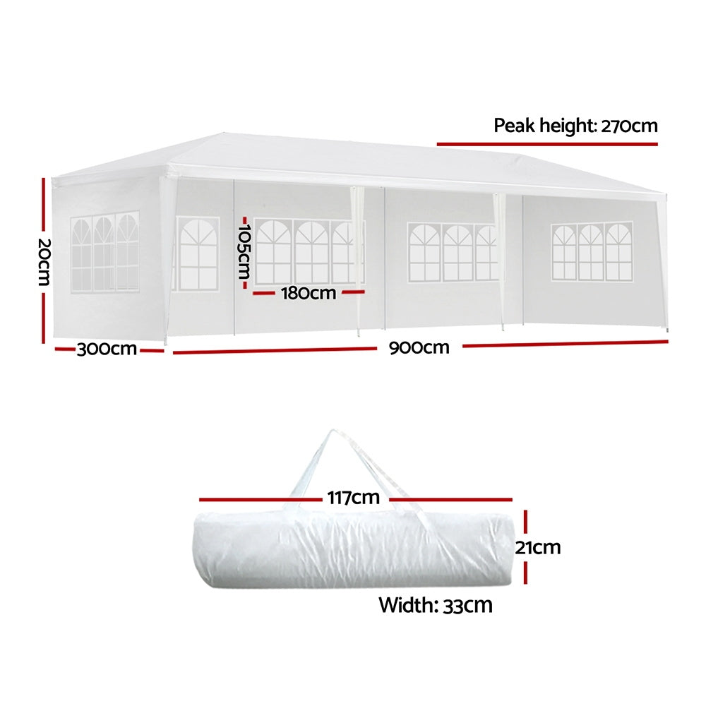 Instahut Gazebo 3x9m Marquee Wedding Party Tent Outdoor Camping Side Wall Canopy 5 Panel White
