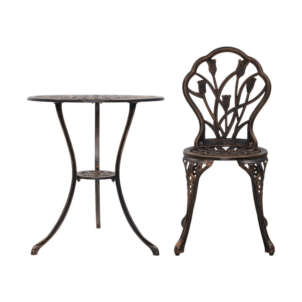 Gardeon 3PC Outdoor Setting Bistro Set Chairs Table Cast Aluminum Patio Furniture Tulip Bronze
