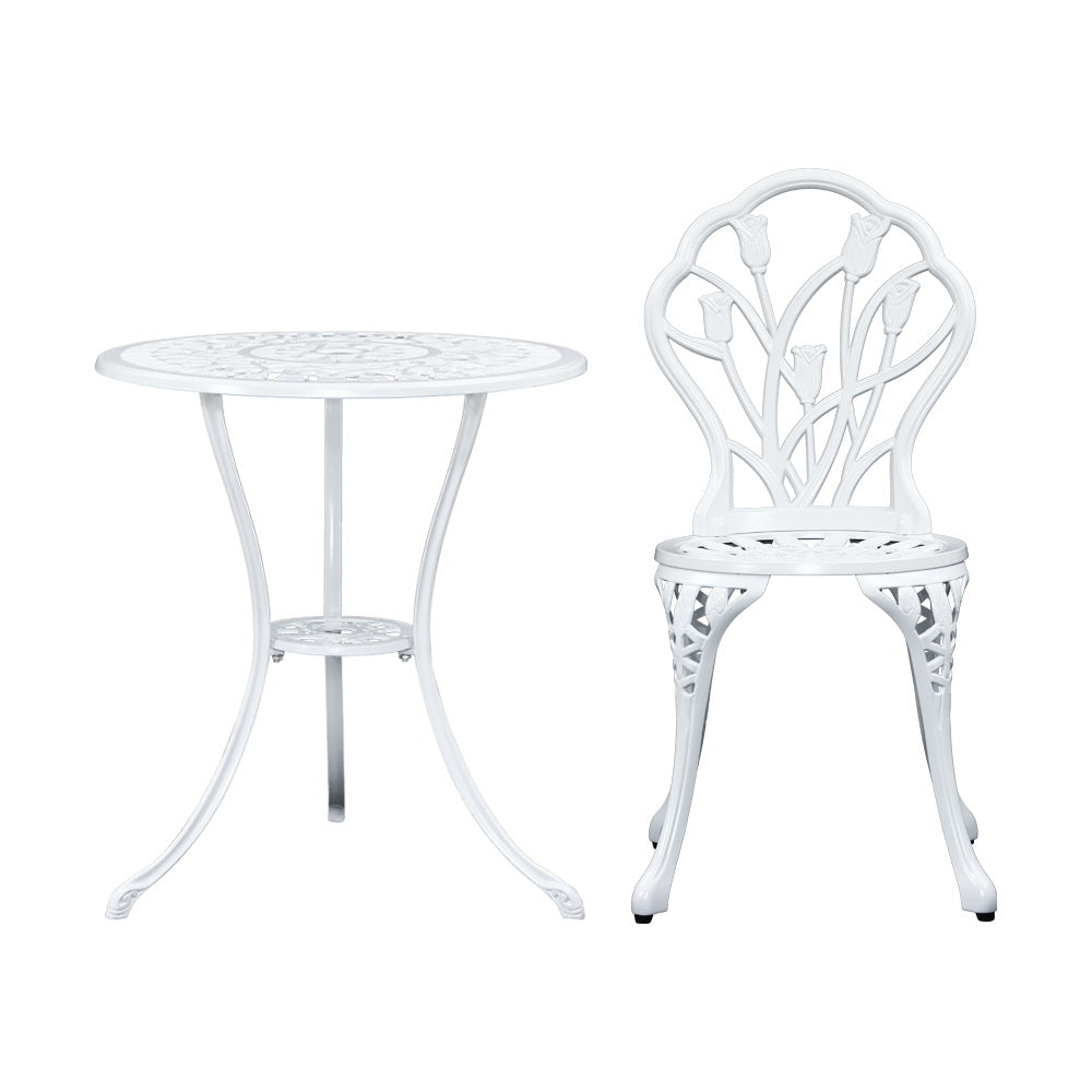 Gardeon 3PC Outdoor Setting Bistro Set Chairs Table Cast Aluminum Patio Furniture Tulip White