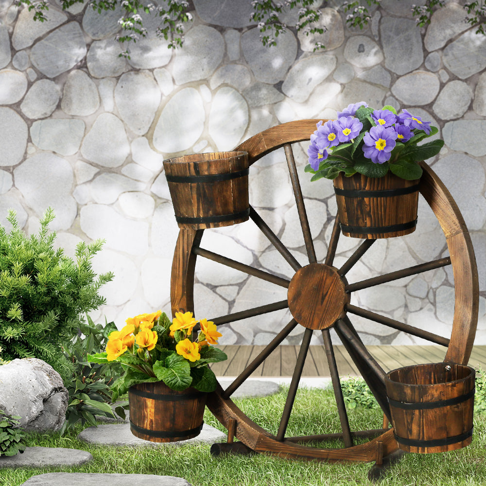 Gardeon Garden Decor Plant Stand Outdoor Ornament Wooden Wagon Wheel 80cm