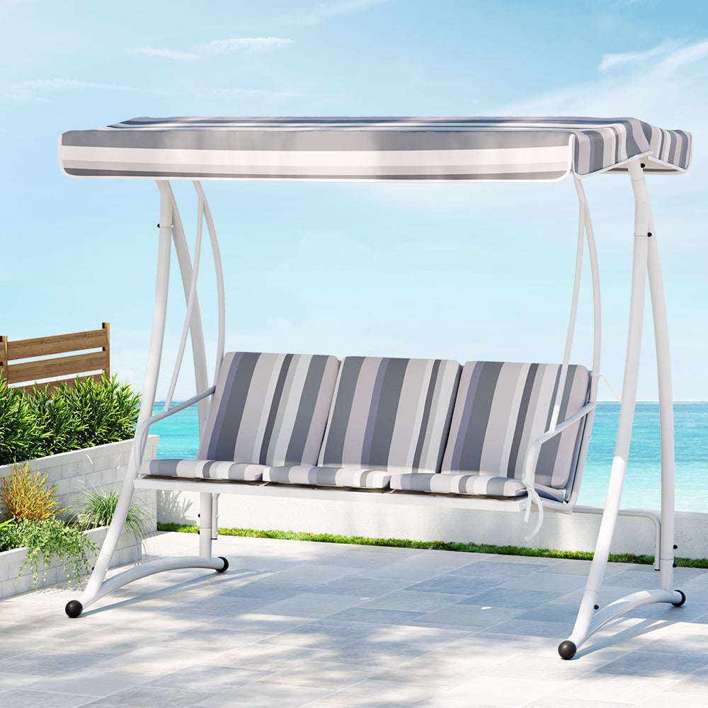 Gardeon Outdoor Swing Chair Garden Bench Furniture Canopy 3 Seater White Grey