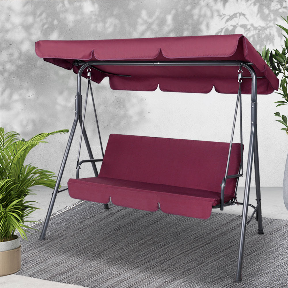 Gardeon Outdoor Swing Chair Garden Bench Furniture Canopy 3 Seater Wine Red