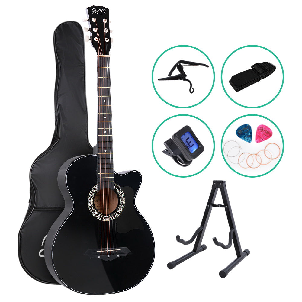 Alpha 38 Inch Acoustic Guitar Wooden Body Steel String Full Size w/ Stand Black