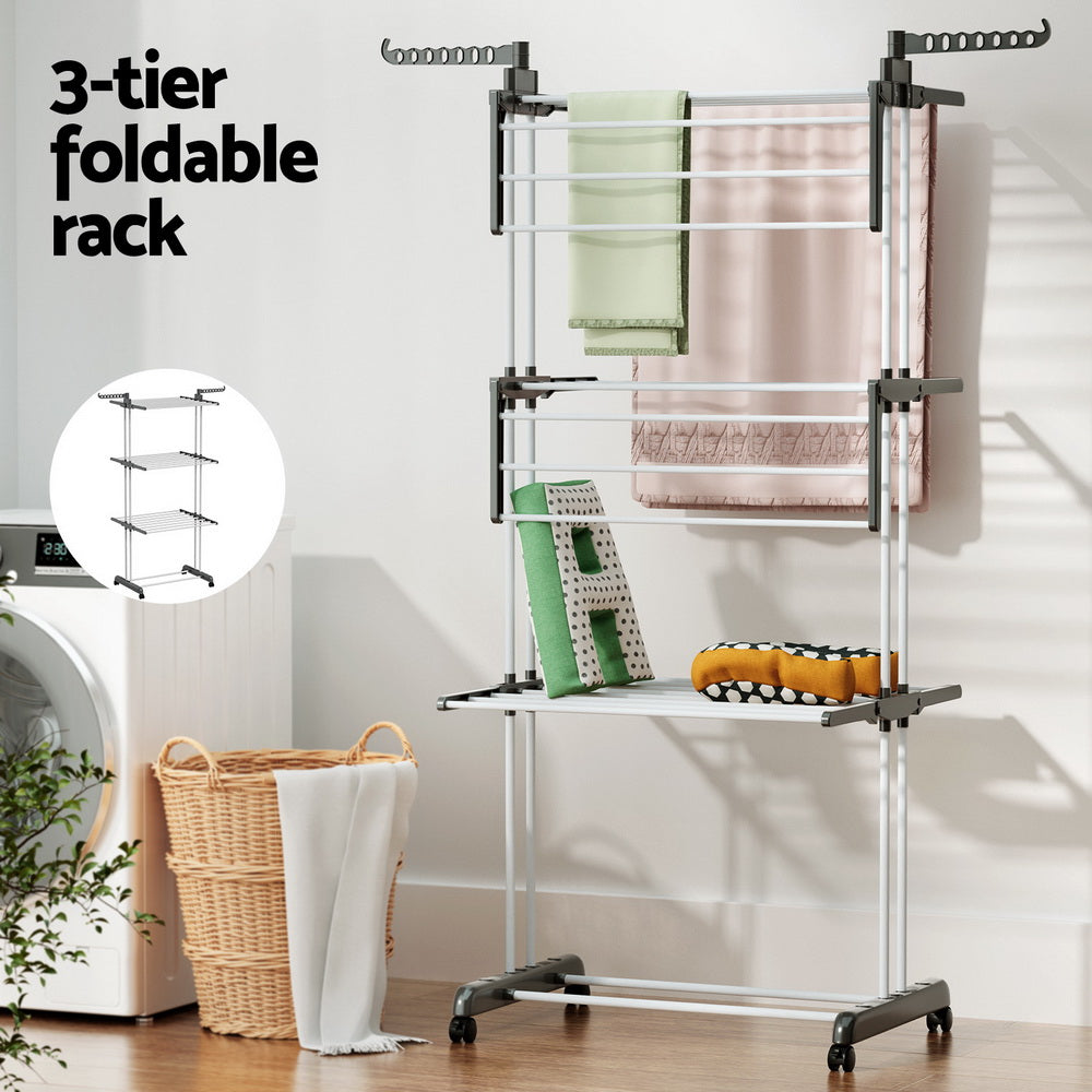 Foldable 3-Tier Clothes Drying Rack with Wheels - Artiss