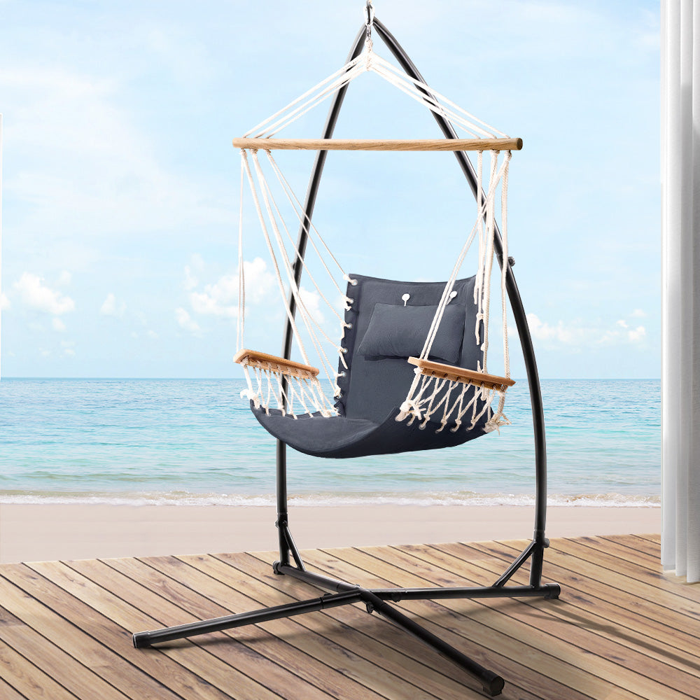 Gardeon Hammock Chair with Steel Stand Armrest Outdoor Hanging Grey