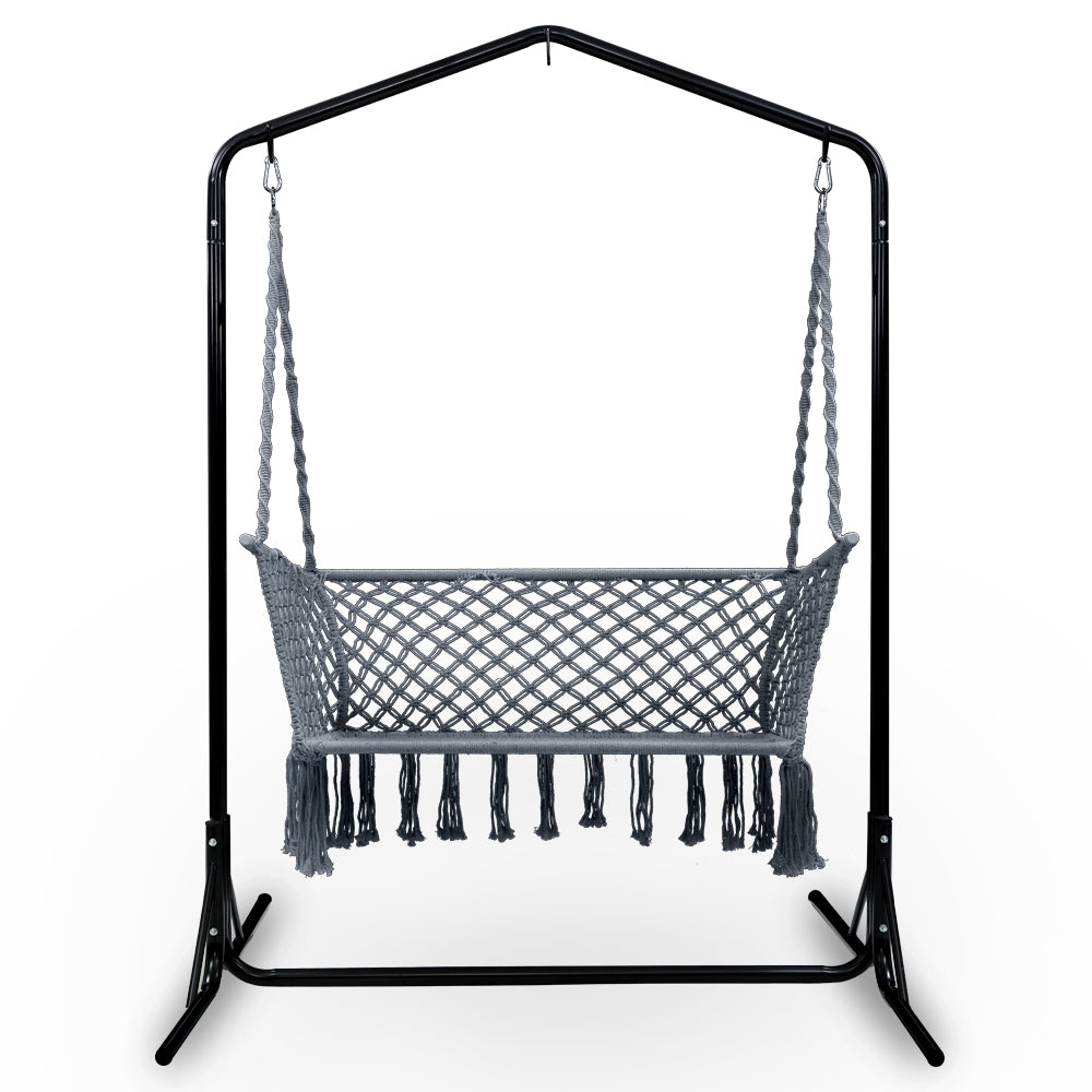 Gardeon Hammock Chair with Stand Macrame Outdoor Garden 2 Seater Grey