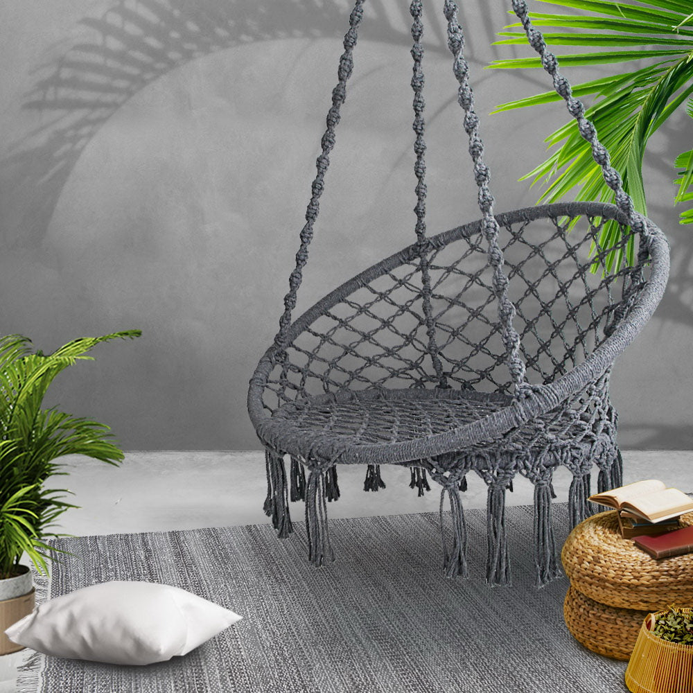 Gardeon Hammock Chair Outdoor Hanging Macrame Cotton Indoor Grey