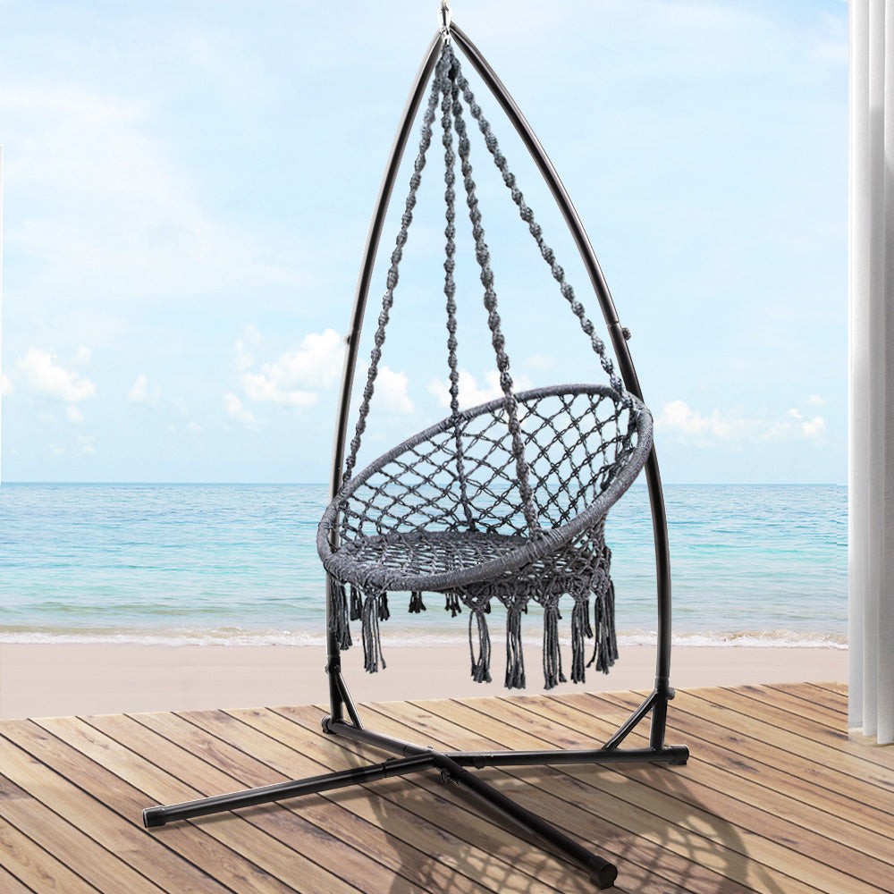 Gardeon Hammock Chair with Steel Stand Macrame Outdoor Swinging Grey