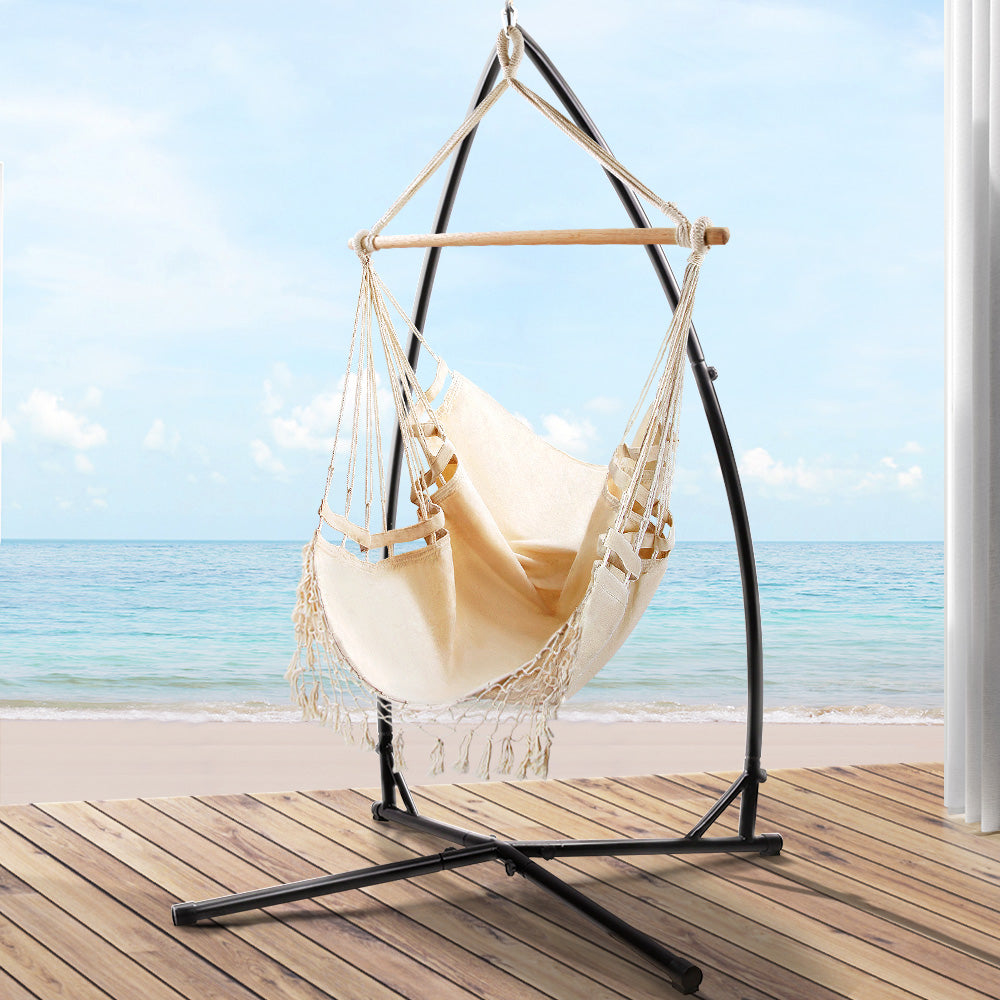 Gardeon Hammock Chair with Steel Stand Hanging Outdoor Tassel Cream
