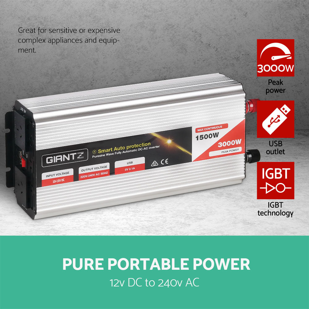 1500W Pure Sine Wave Inverter, Dual Sockets, Giantz