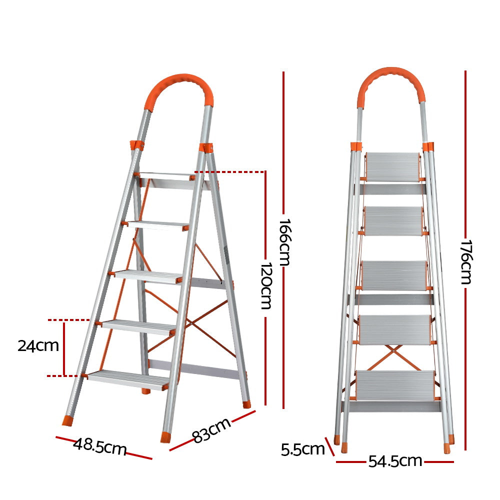 Lightweight Non-Slip 5 Step Folding Ladder, Aluminum - Giantz