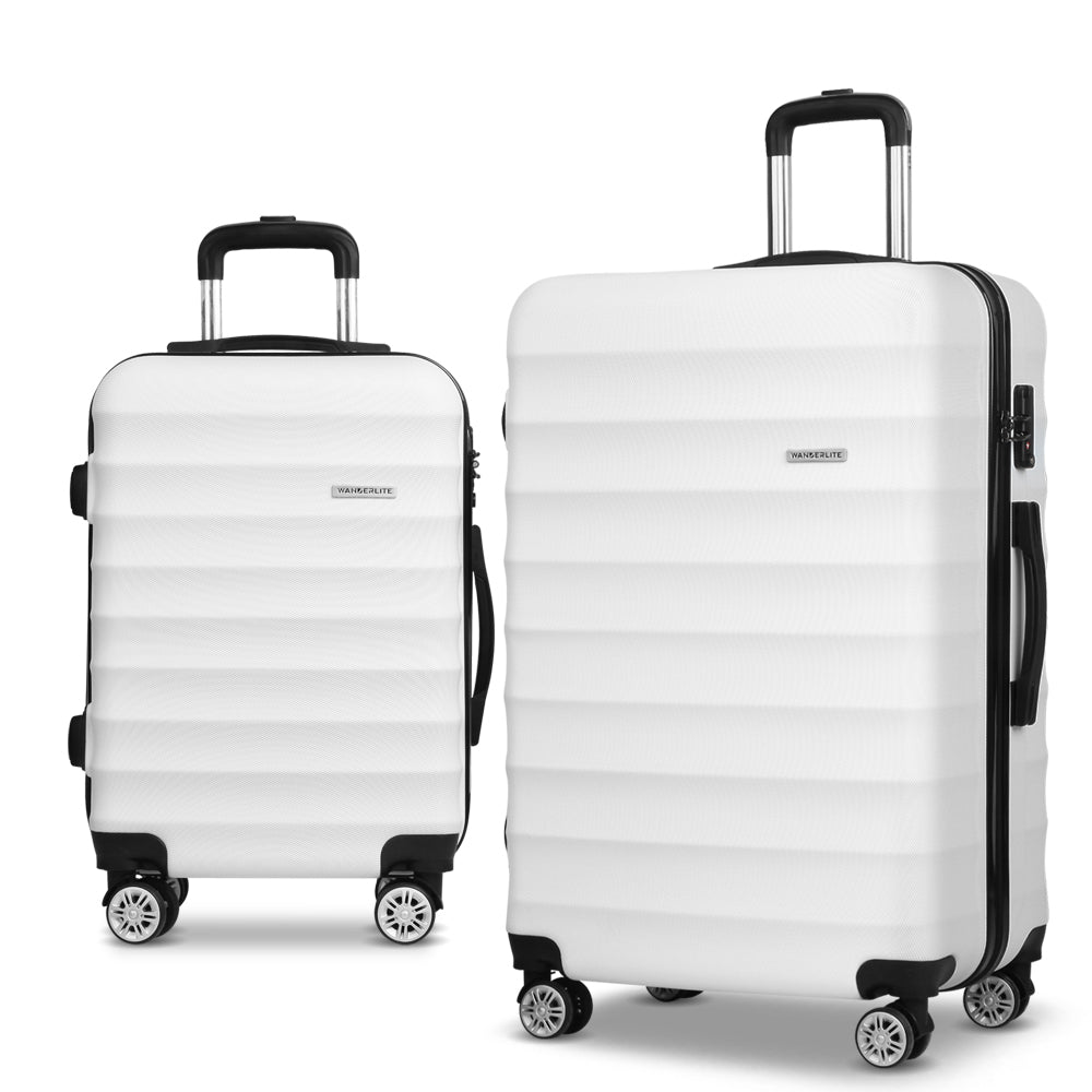 Wanderlite 2pcs Luggage Trolley Travel Suitcase Set TSA Hard Shell Case Strap White