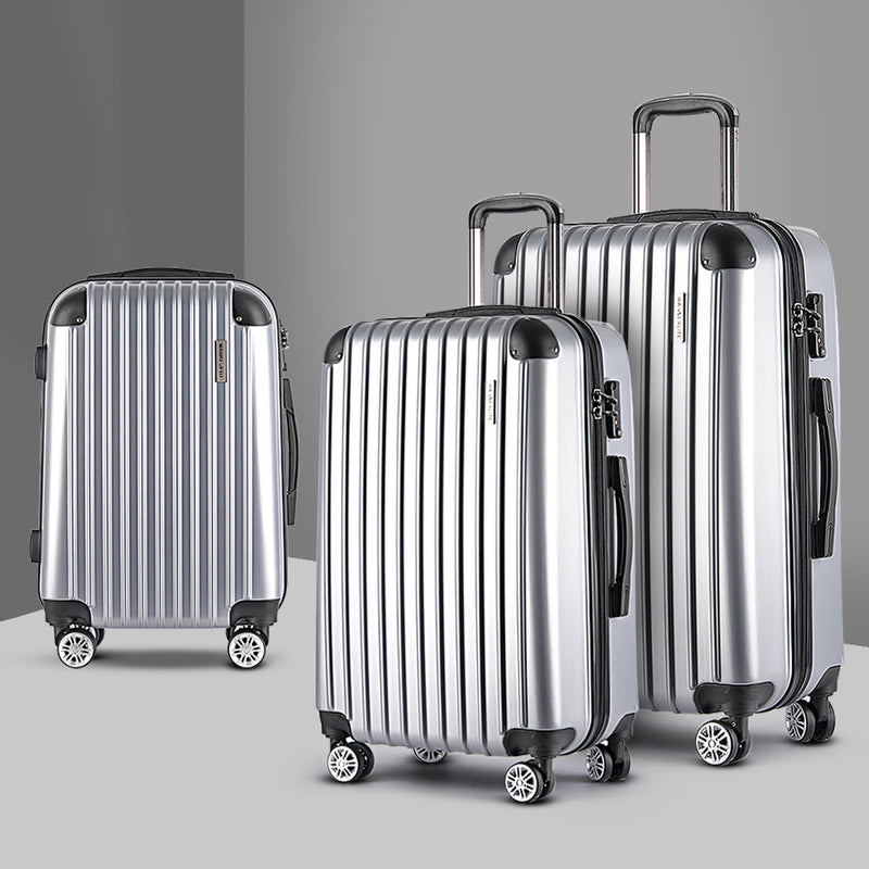 Wanderlite 3pc Luggage Sets Trolley Travel Suitcases TSA Hard Case Silver