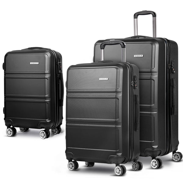 Wanderlite Luggage Set 3pc Suitcase Trolley Travel TSA Hard Case Black