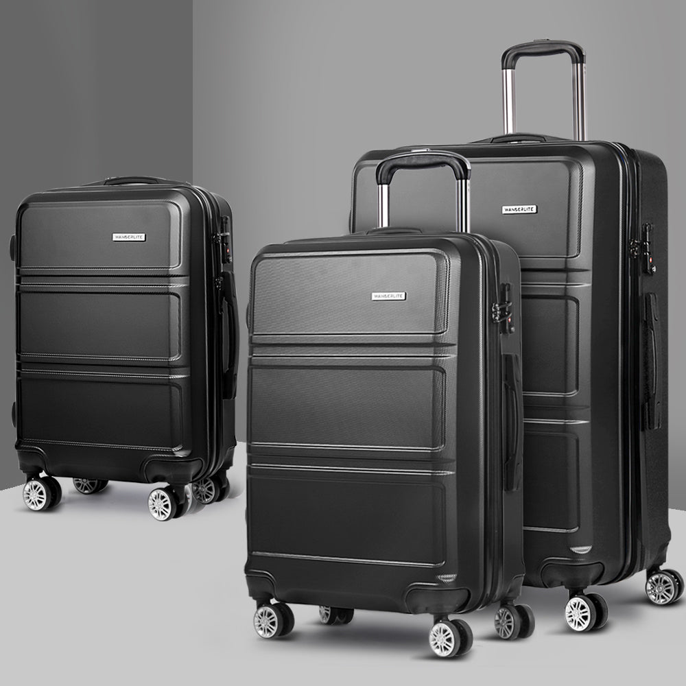 Wanderlite 3pc Luggage Trolley Set Suitcase Travel TSA Carry On Hard Case Lightweight Black