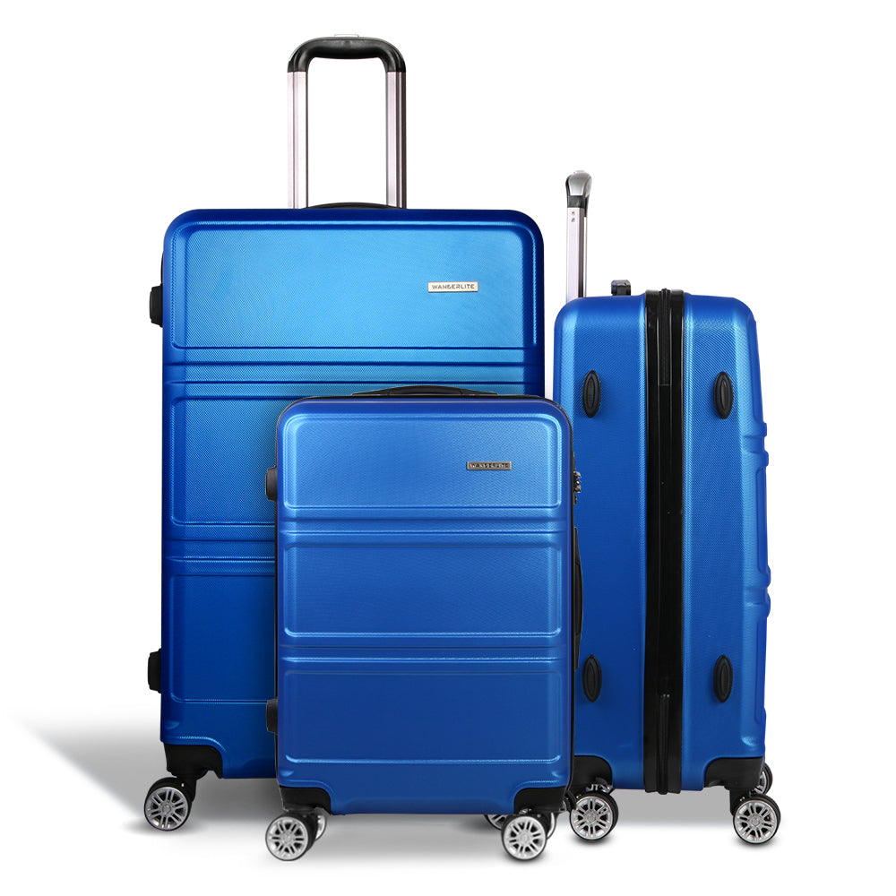 Wanderlite 3pc Luggage Trolley Set Suitcase Travel TSA Carry On Hard Case Lightweight Blue