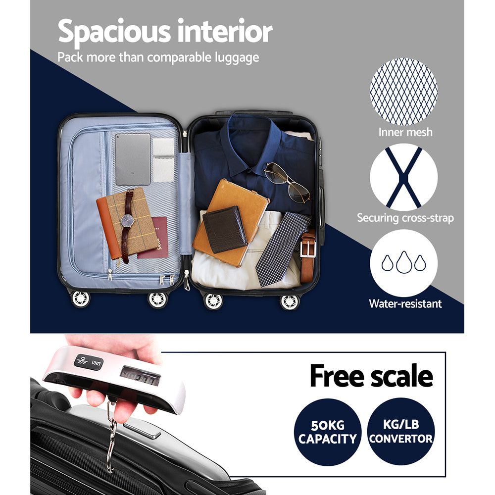 Wanderlite 3pcs LuggageTrolley Set Travel Suitcase Storage Organiser Carry On Hard Case TSA Lightweight Black