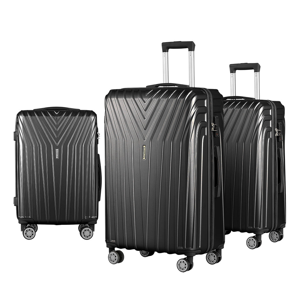 Wanderlite 3pc Luggage Trolley Set Suitcase Travel TSA Hard Case Carry On Black Lightweight