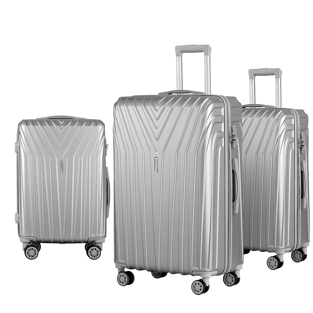 Wanderlite 3pc Luggage Trolley Set Suitcase Travel TSA Hard Case Carry On Silver Lightweight