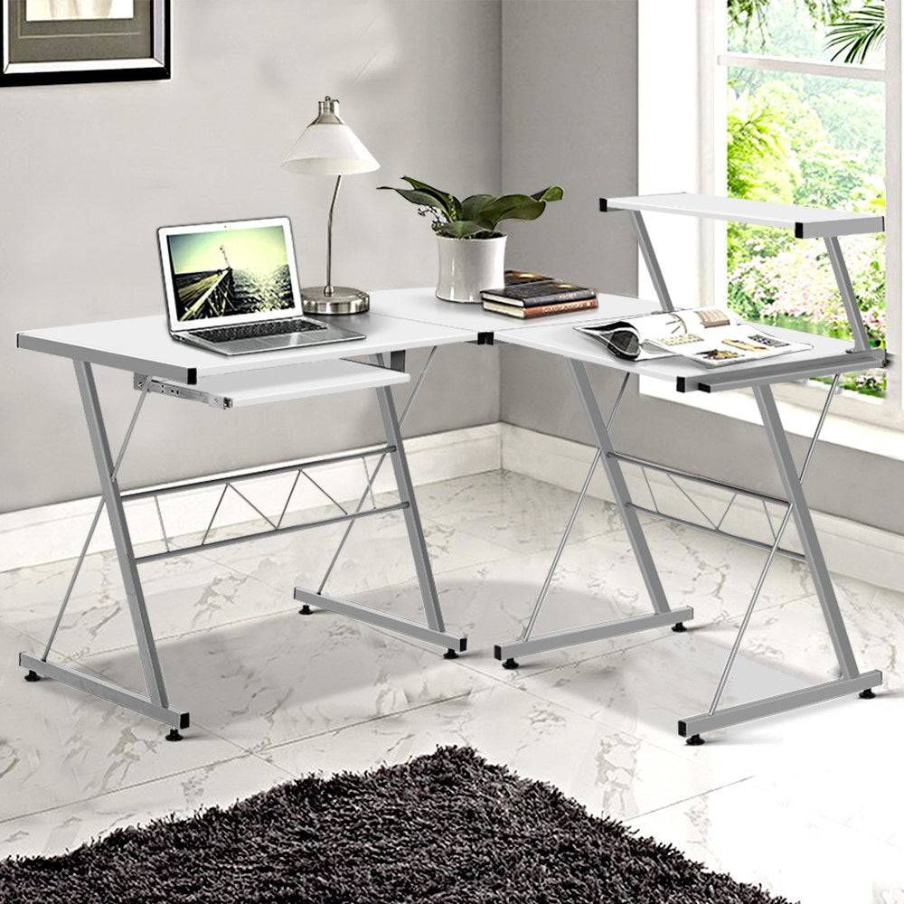 Artiss Computer Desk L-Shape Keyboard Tray Shelf White