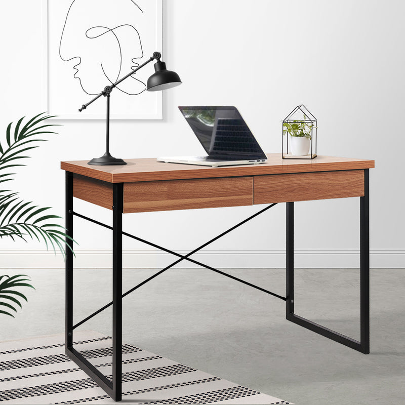 Artiss Metal Desk with Drawer - Walnut