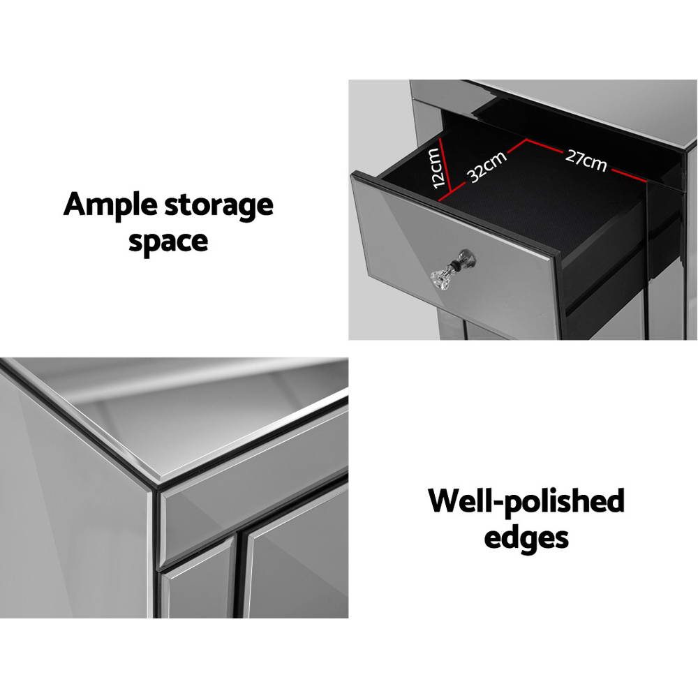 Artiss Bedside Table 3 Drawers Mirrored - PRESIA Grey