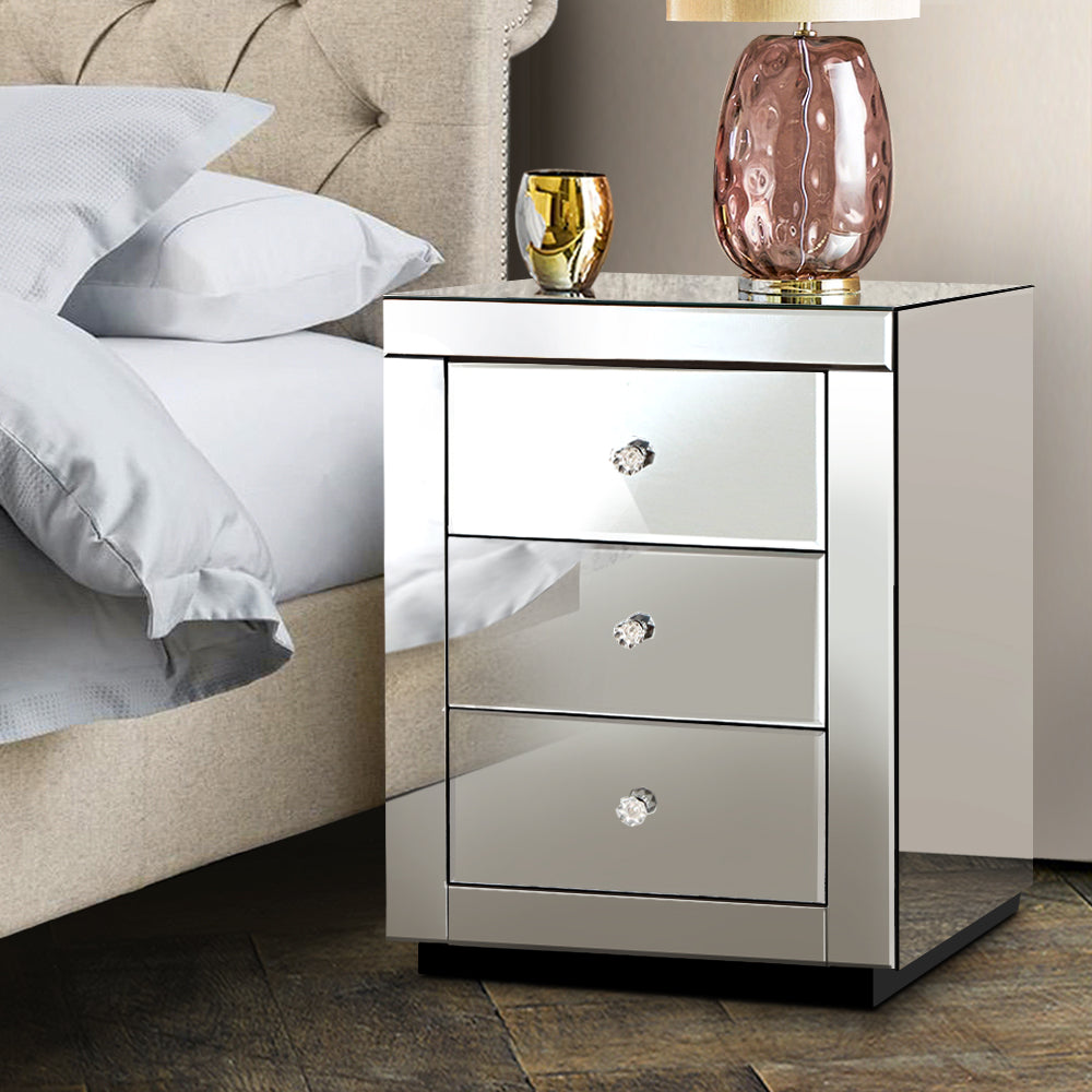 Artiss Bedside Table 3 Drawers Mirrored - PRESIA Silver