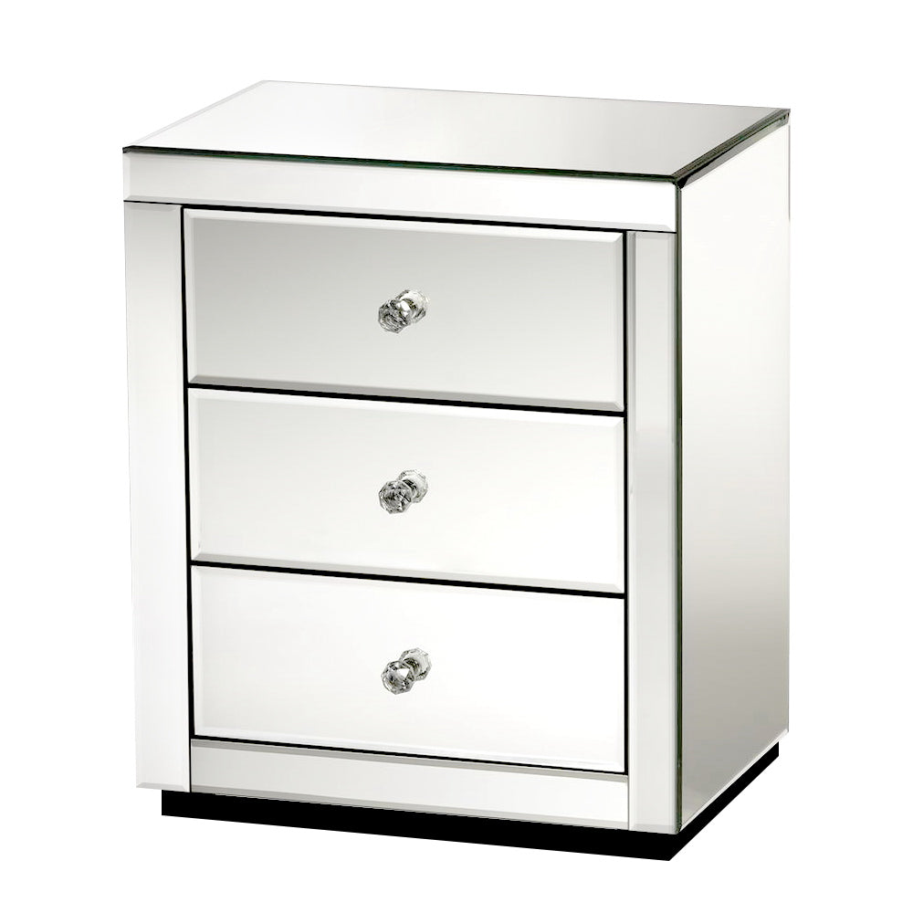 Artiss Set of 2 Bedside Table 3 Drawers Mirrored Glass - PRESIA Silver