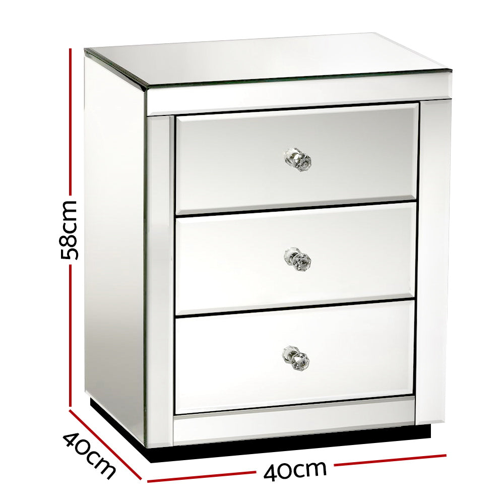 Artiss Set of 2 Bedside Table 3 Drawers Mirrored Glass - PRESIA Silver