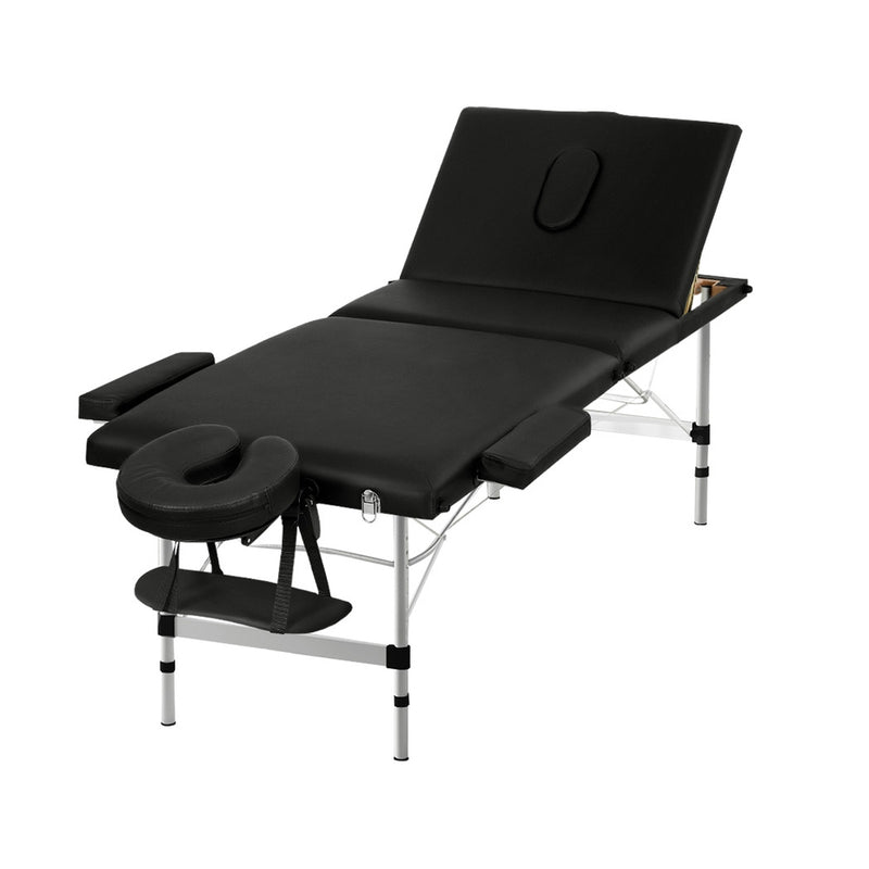 Zenses Massage Table 65CM Width 3 Fold Aluminium Portable Beauty Bed Black