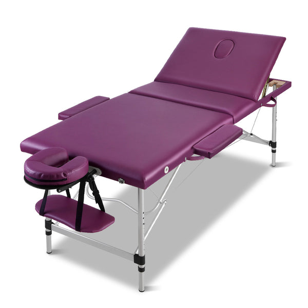 Zenses Massage Table 75cm 3 Fold Aluminium Beauty Bed Portable Therapy Violet