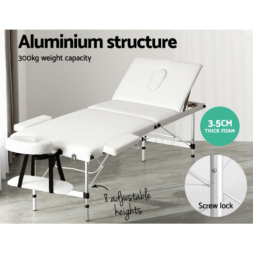 Zenses Massage Table 65cm Portable 3 Fold Aluminium Beauty Bed White