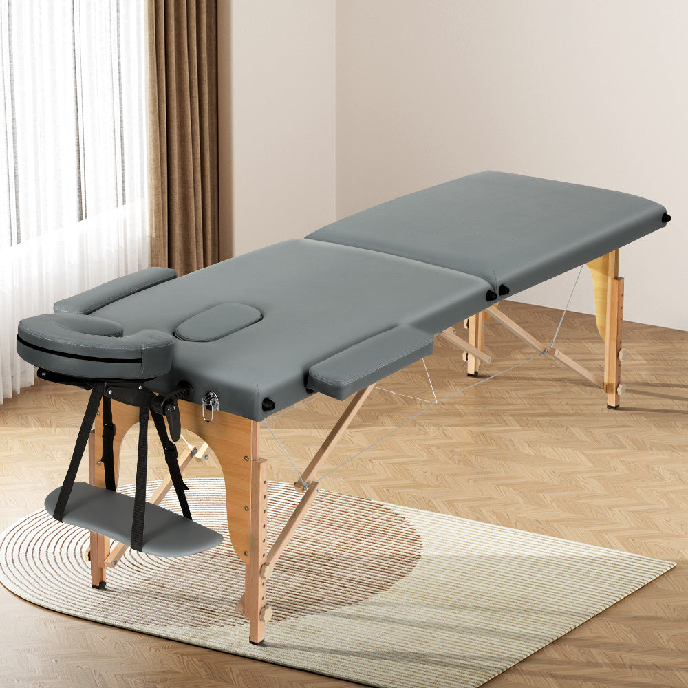 Zenses Massage Table 56cm Portable 2 Fold Wooden Beauty Bed Grey