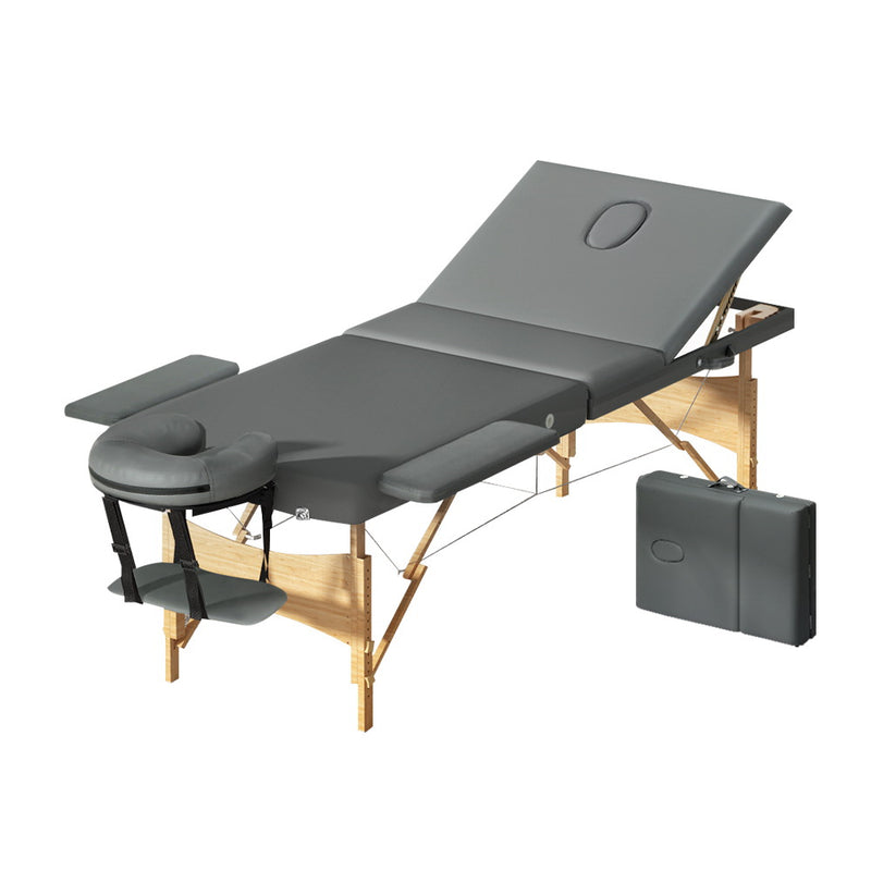 Zenses Massage Table 75cm 3 Fold Wooden Portable Beauty Therapy Bed Waxing Grey