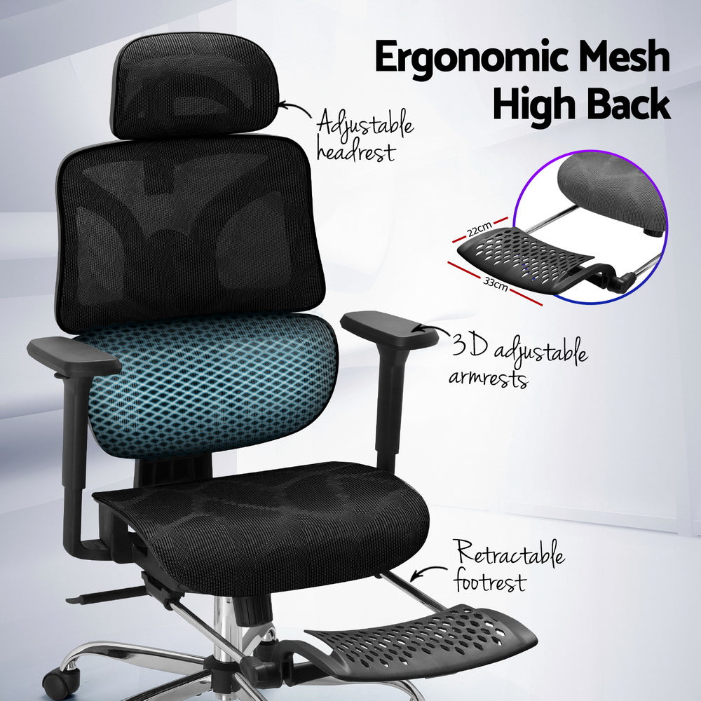 Ergonomic High-Back Mesh Office Chair w/ Footrest - Artiss