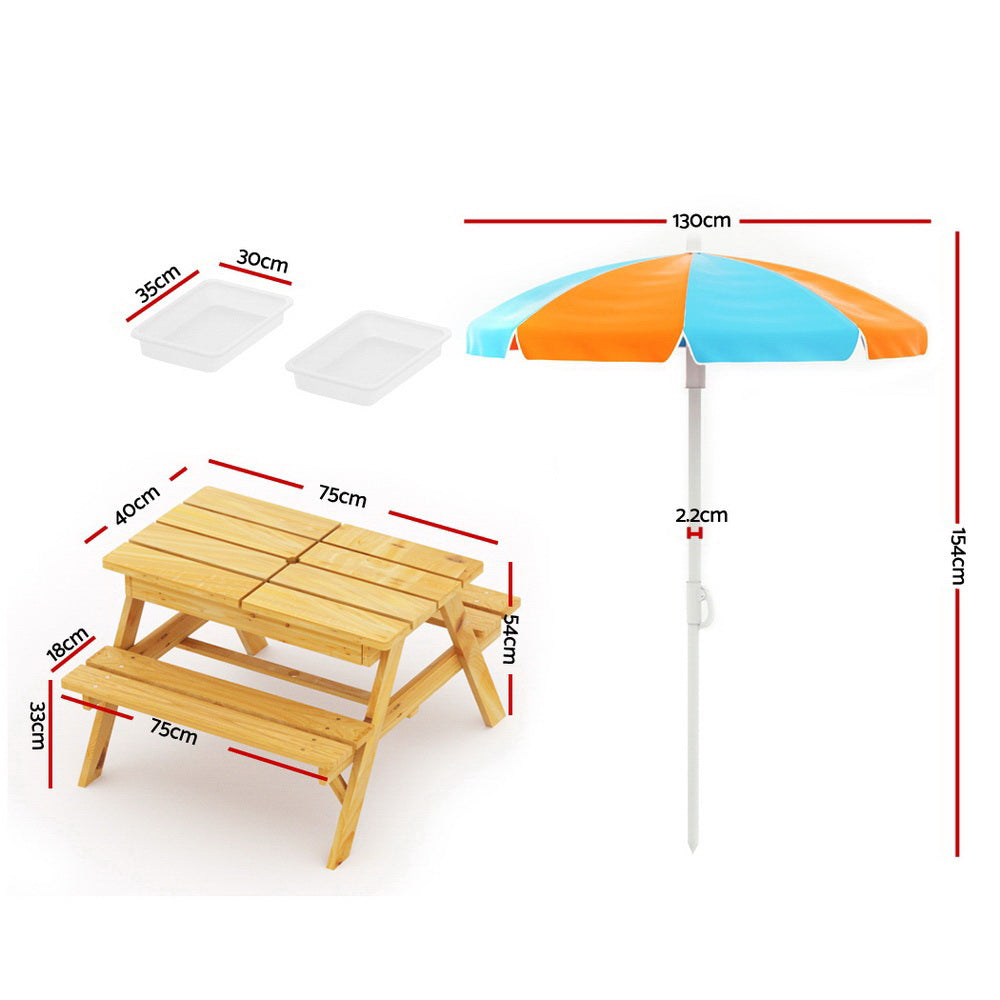 Keezi Kids Outdoor Table and Chairs Picnic Bench Umbrella Set Water Sand Pit Box