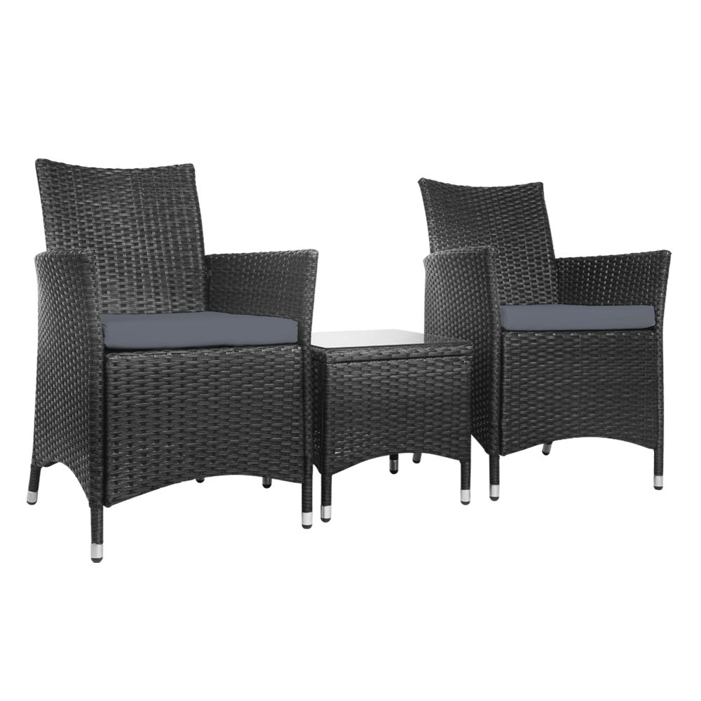 Gardeon 3PC Outdoor Bistro Set Patio Furniture Wicker Setting Chairs Table Cushion Black