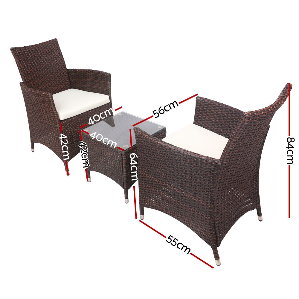 Gardeon 3PC Outdoor Bistro Set Patio Furniture Wicker Setting Chairs Table Cushion Brown