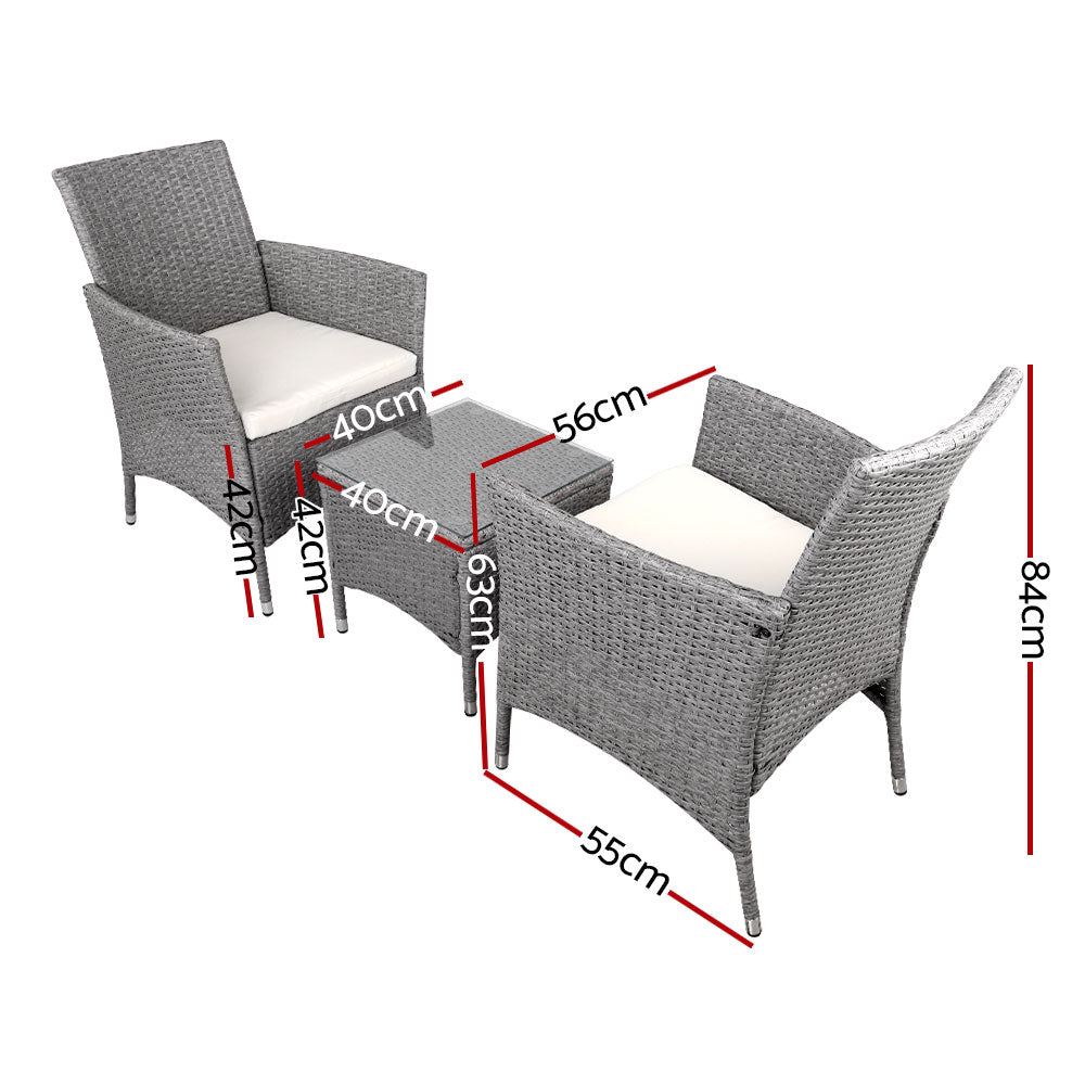 Gardeon 3PC Outdoor Bistro Set Patio Furniture Wicker Setting Chairs Table Cushion Grey
