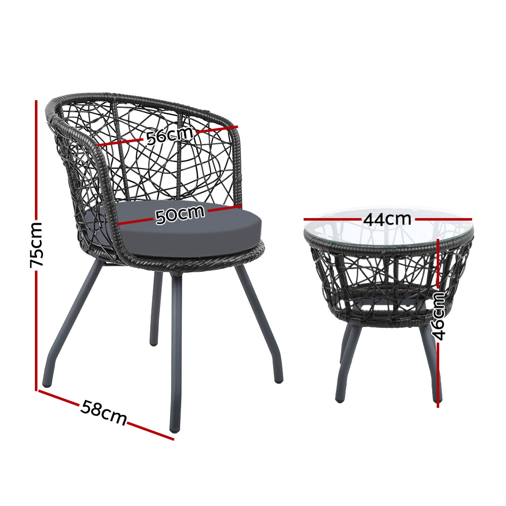 Gardeon 3PC Bistro Set Outdoor Furniture Rattan Table Chairs Patio Garden Cushion Black