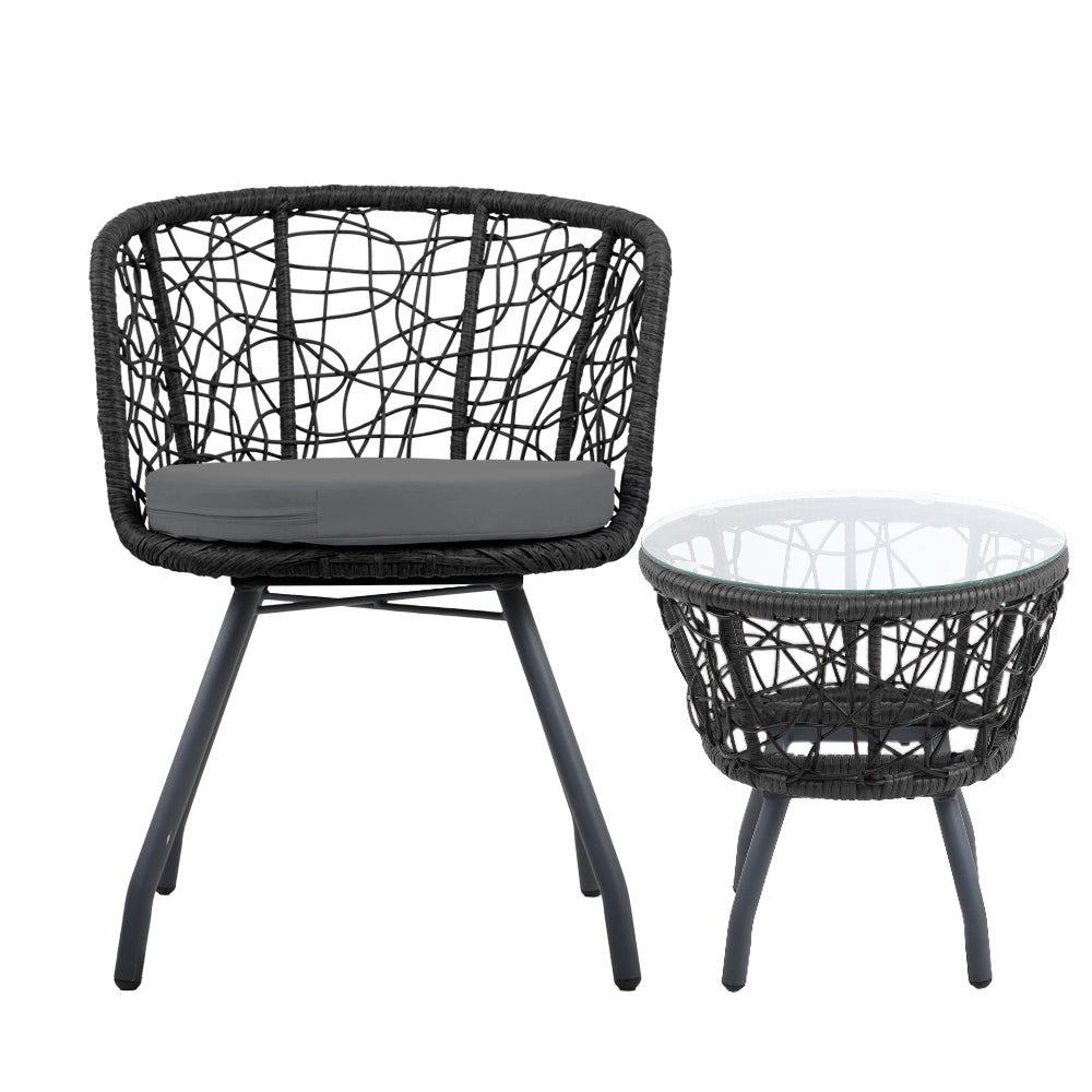 Gardeon 3PC Bistro Set Outdoor Furniture Rattan Table Chairs Patio Garden Cushion Black