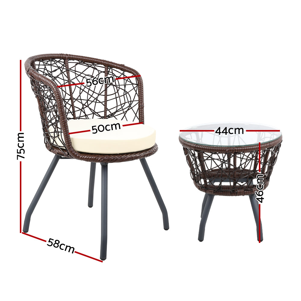Gardeon 3PC Bistro Set Outdoor Furniture Rattan Table Chairs Patio Garden Cushion Brown